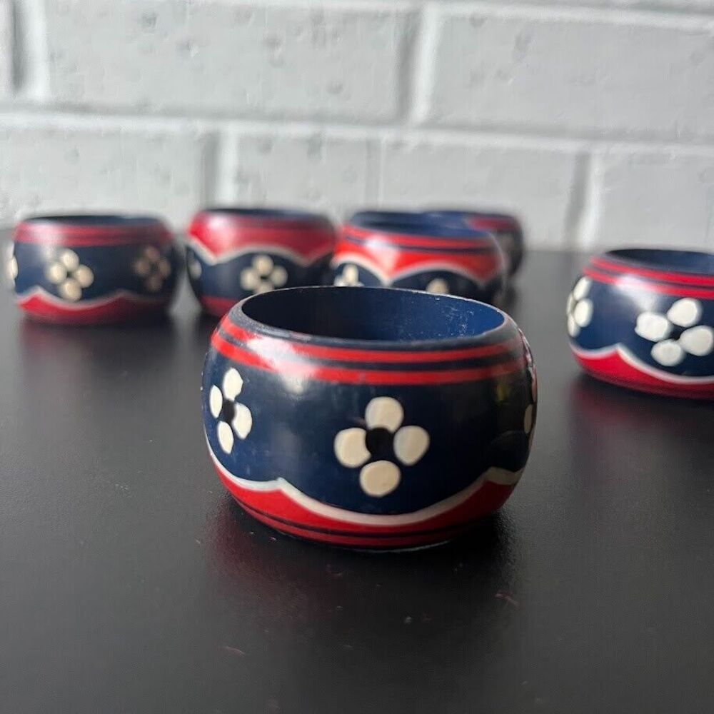 Vintage Wooden Napkin Rings Handpainted India Daisy's Tribal Boho Style set of 8